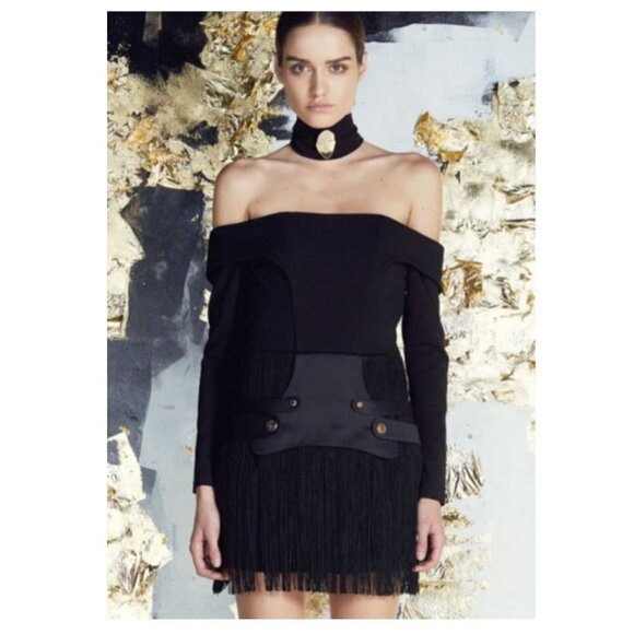 Asilio Black Fringe Military Belted Mini Cocktail Dress - Picture 4 of 9